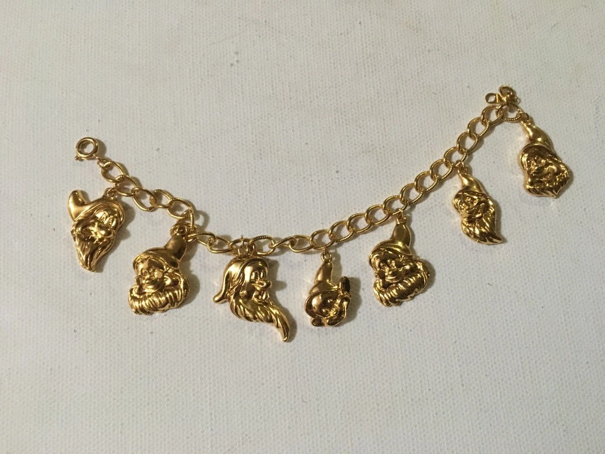 Vintage Disney Snow White Seven Dwarfs Gold Toned Fashion Charm Bracelet 7