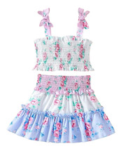 Floral print bow cami top frill trim skirt set,