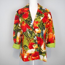 Chico's Sz 2 Jacket 3/4 Sleeve floral white red blue green blazer d5