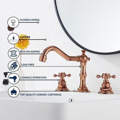 GGStudy 8-16 inch Two Handles 3 Holes Widespread Bathroom Sink Faucet Copper ... - Picture 4 of 5