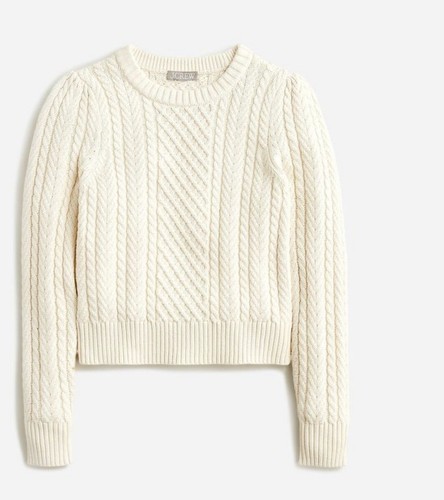 Suéter J CREW PEQUEÑO Tejido con Cable Manga Abullonada Cuello Redondo Natural BS978