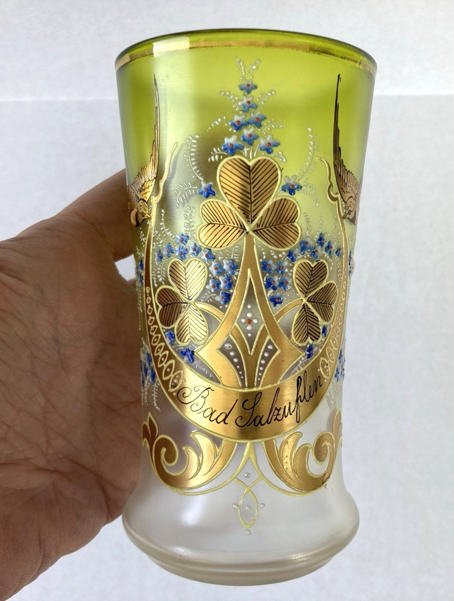 STUNNING Antique German Enameled Glass Beaker, 19th/20th Century BIRDS & CLOVERS