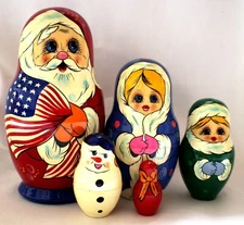 Vintage Russian Christmas Nesting Doll Santa with USA Flag Signed 5 Pieces #53
