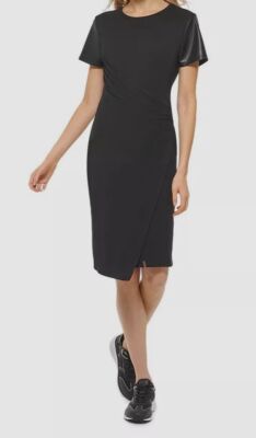 faux leather t shirt dress Solid Black Short Sleeves Women T-Shirt Faux Leather Dress XL / NAVY BLUE