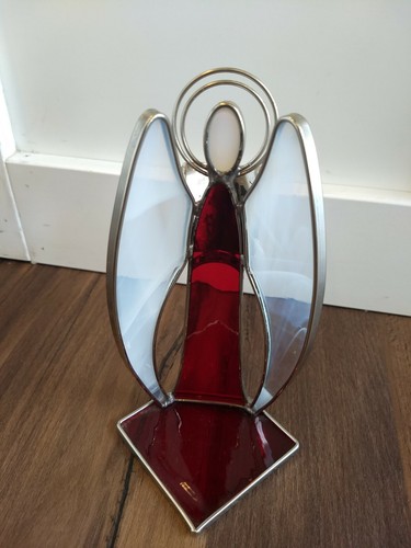 Vintage Red and White Stained Glass Angel Christmas Bible Halo Candle Holder - Picture 5 of 6