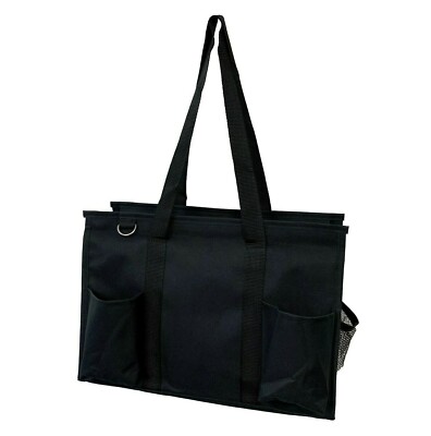 Black Zip Top Organizing Utility Tote Beach Diaper Bag 7 Pocket Tote Organizer