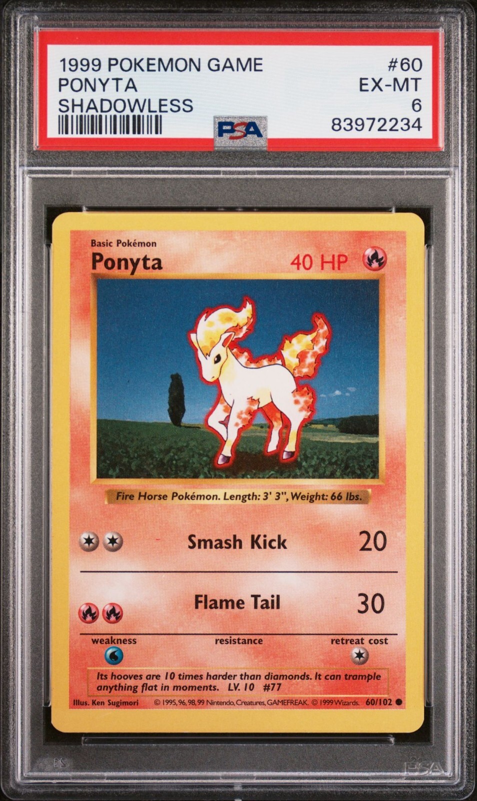 1999 Pokemon TCG Base Set Ponyta Shadowless 60/102 PSA 6