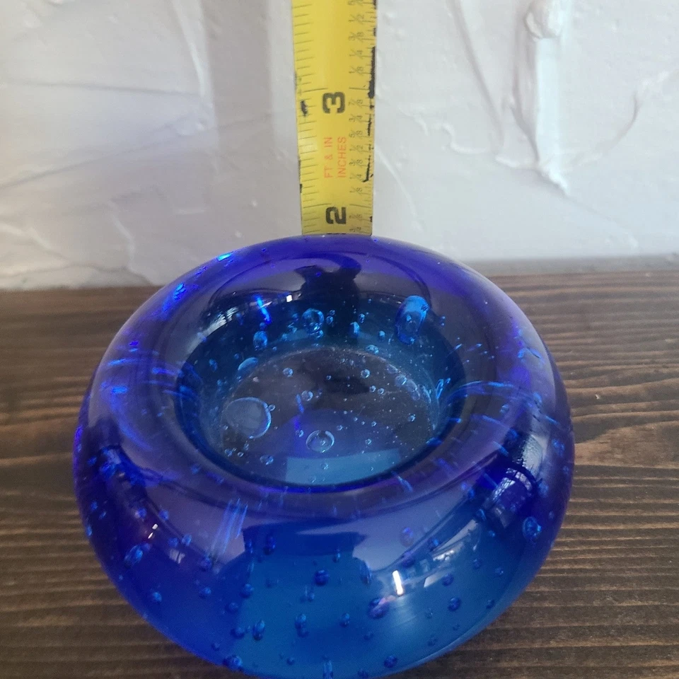 Синий круглый контролируемый стеклянный подсвечник ручной работы из пузырькового стекла IKEA - Изображение 4 из 4
