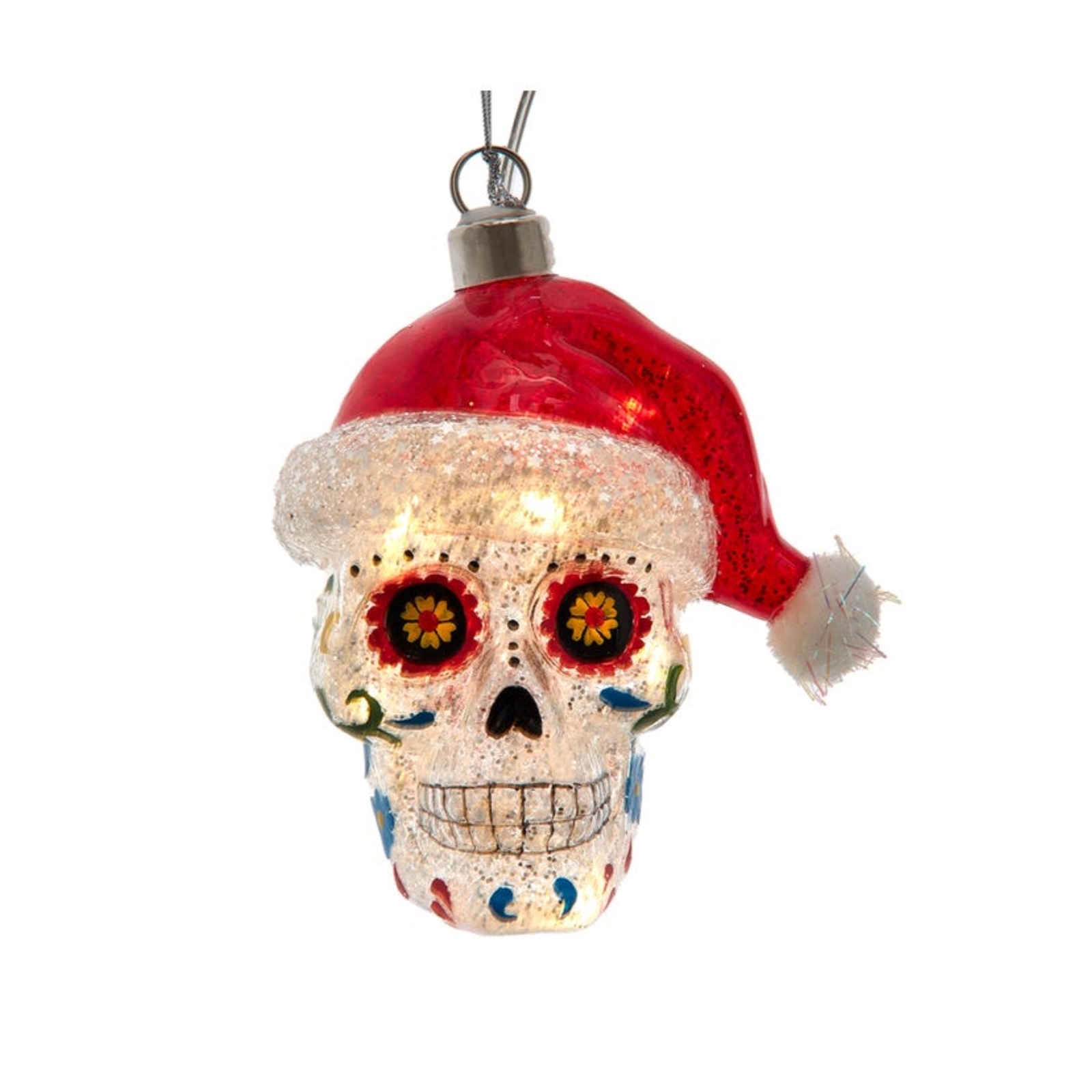Kurt Adler Pre-lit Glass Ornament, Day of the Dead Skull with Santa Hat