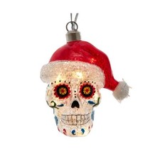 Kurt Adler Pre-lit Glass Ornament, Day of the Dead Skull with Santa Hat