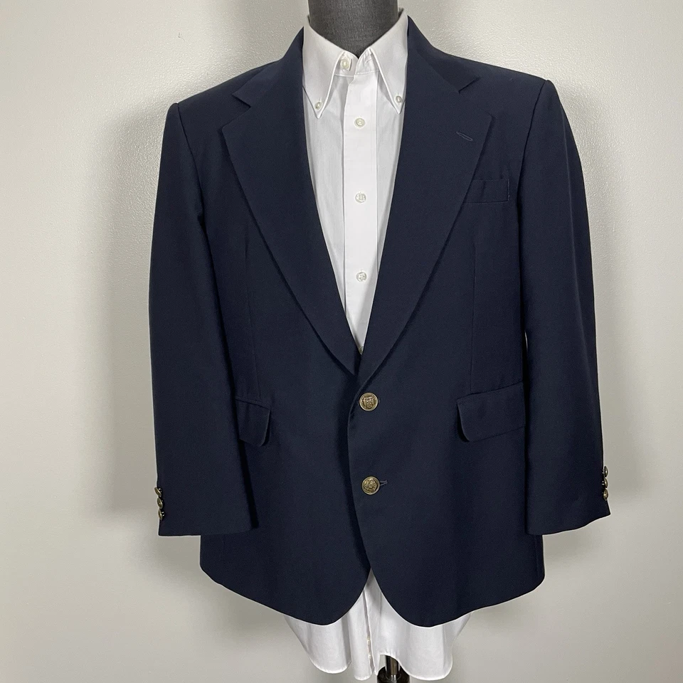 Chaqueta Blazer Haggar Para Hombre 40S Azul Marino Lana Sólida Latón Metal Botones Foto 2 de 4