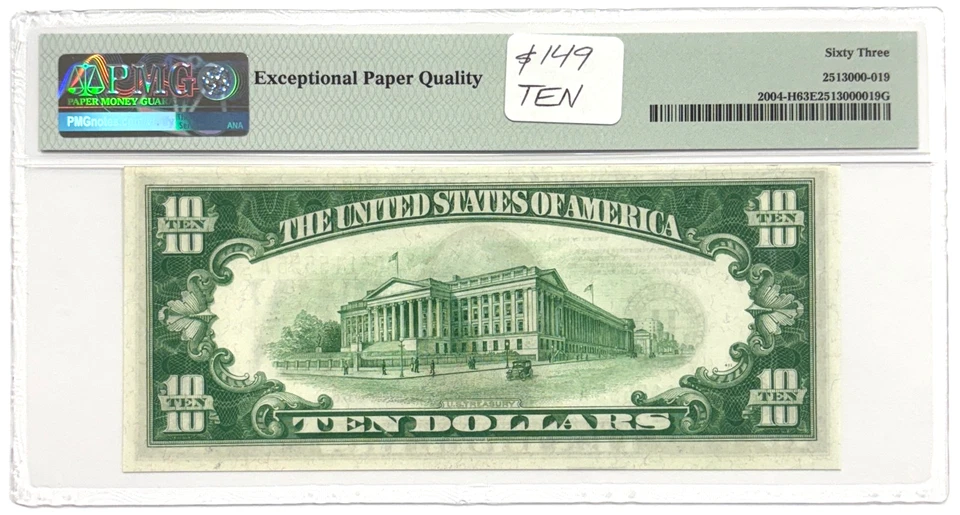 1934 $10 FRN St. Louis Light Green Seal PMG CU63 EPQ Choice Uncirculated FR 2004 - Image 2 of 2
