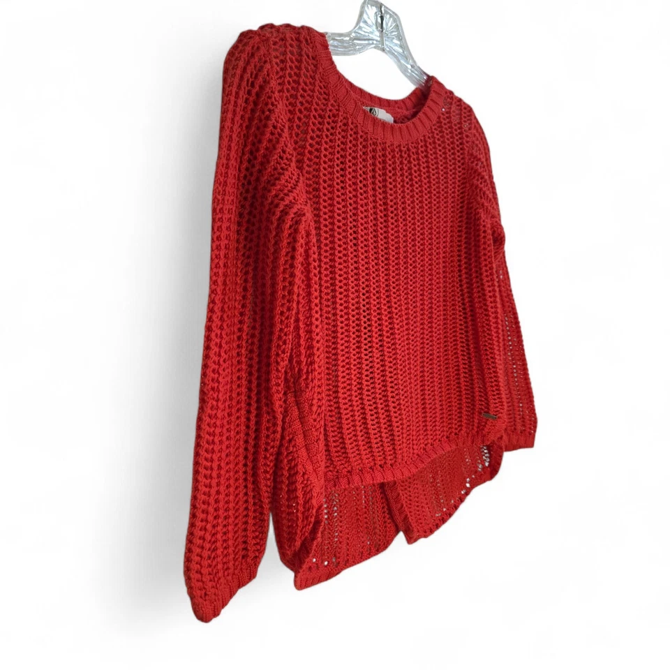 Volcom All Meshed Up Red Loose Knit Open Back Sweater Medium Crewneck Trendy  - Image 2 of 4