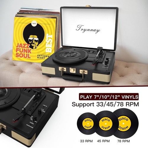 Trynnay Giradischi a 3 marce, lettore portatile in vinile con altoparlanti integ - Foto 3 di 7
