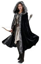 UQJE Viking Fur Cloak with Hood, Medieval Renaissance Velvet Cape Black