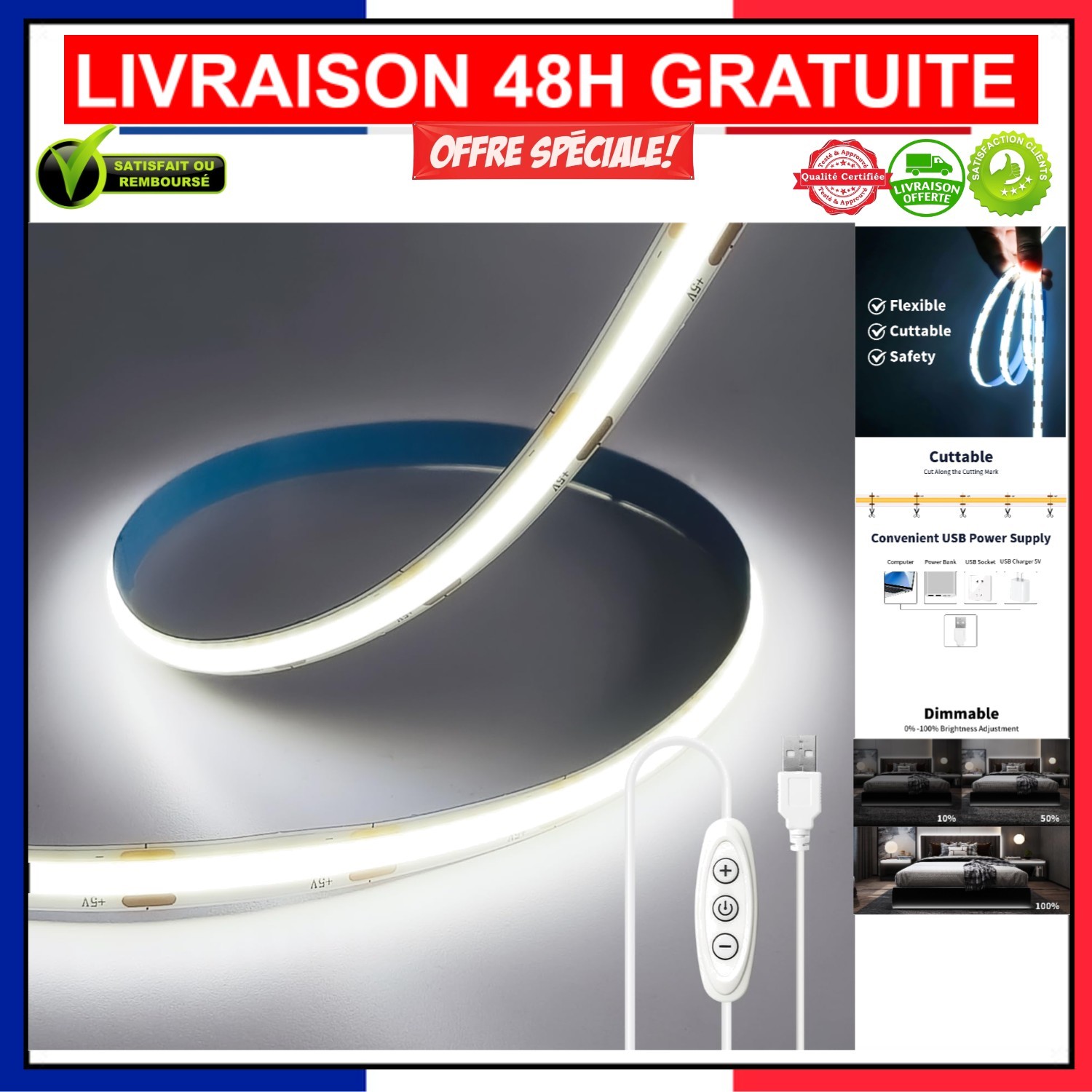 Ruban LED USB 2M Dimmable 6000K avec Variateur d'Intensité pour Meuble