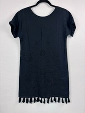 Madewell women's XXS black linen blend short sleeve embroidered shift dress