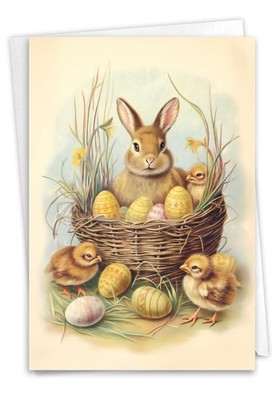 (1 Card) Eastertime Farm Animals - Basket Bunny - Easter Greeting Card