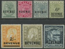 MALTA REVENUES 1899-1901 ½d, 1d, 2d, 6d ON 1/-, 2/-, 2/6, 10/- MINT VERY SCARCE