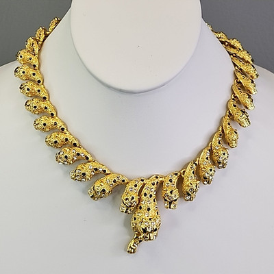 Leopard Necklace Rhinestones Black Spots Green Eyes Gold Tone Textured Choker 15