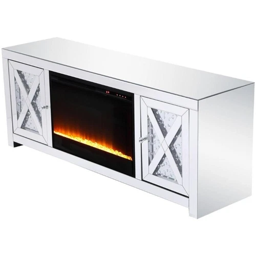 Elegant Decor Modern 2 Door 59" Clear Mirrored Crystal Fireplace TV Stand - Picture 4 of 10