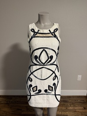 Needle & Thread Mini Dress Womens 6 Cream Black Contour Ornate Beaded Sequined 