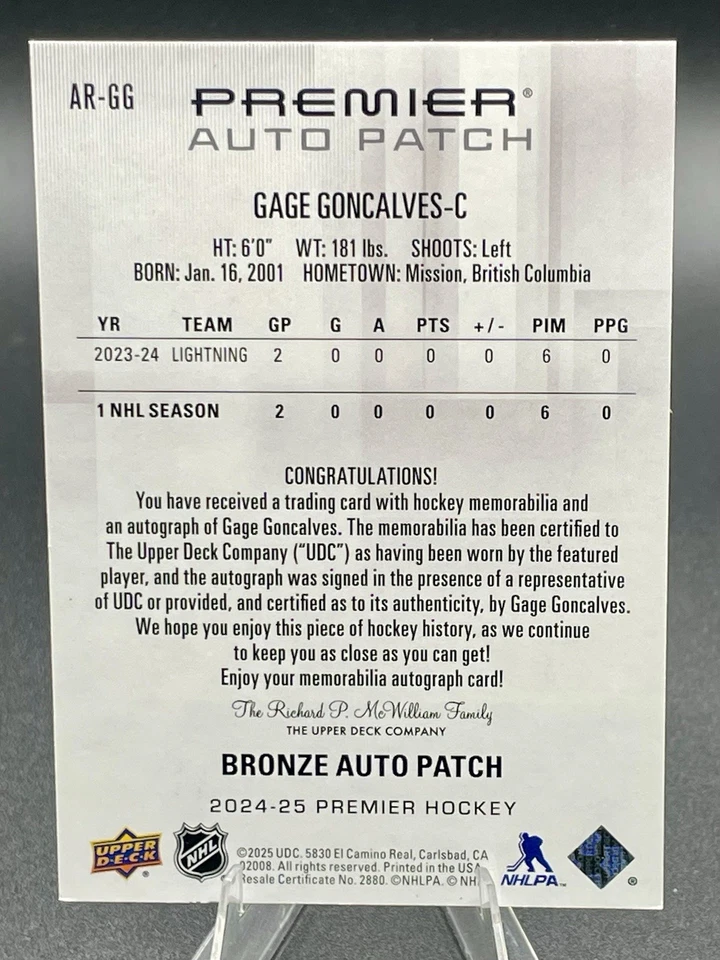 2024-25 UD Premier Gage Gonclaves Rookie Auto Patch Bronze #240/249 TB Lightning - Image 2 of 2