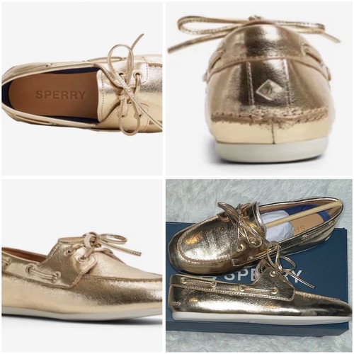Sperry 6 1/2 Slimboat Woman Casual Boat Shoes Shiny Gold Leather Low Cut New NWT