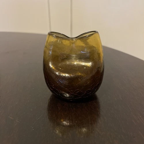Vintage Blenko MCM Hand Blown Mini Pinched Vase Crackled Dark Amber Art Glass