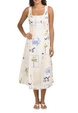 Caroline Constas women White Coastal Crab Print Linen Blend Midi Dress sze Small