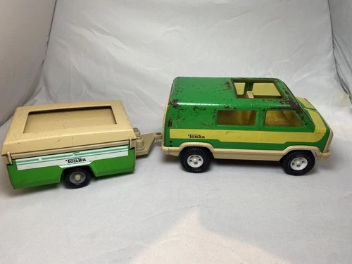Vintage Green Tonka pressed steel Camper Van and Trailer  1970s