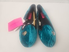 Betsey Johnson Slippers S 5-6 Faux Fur Velvet Silver Heart Teal Green Black Trim