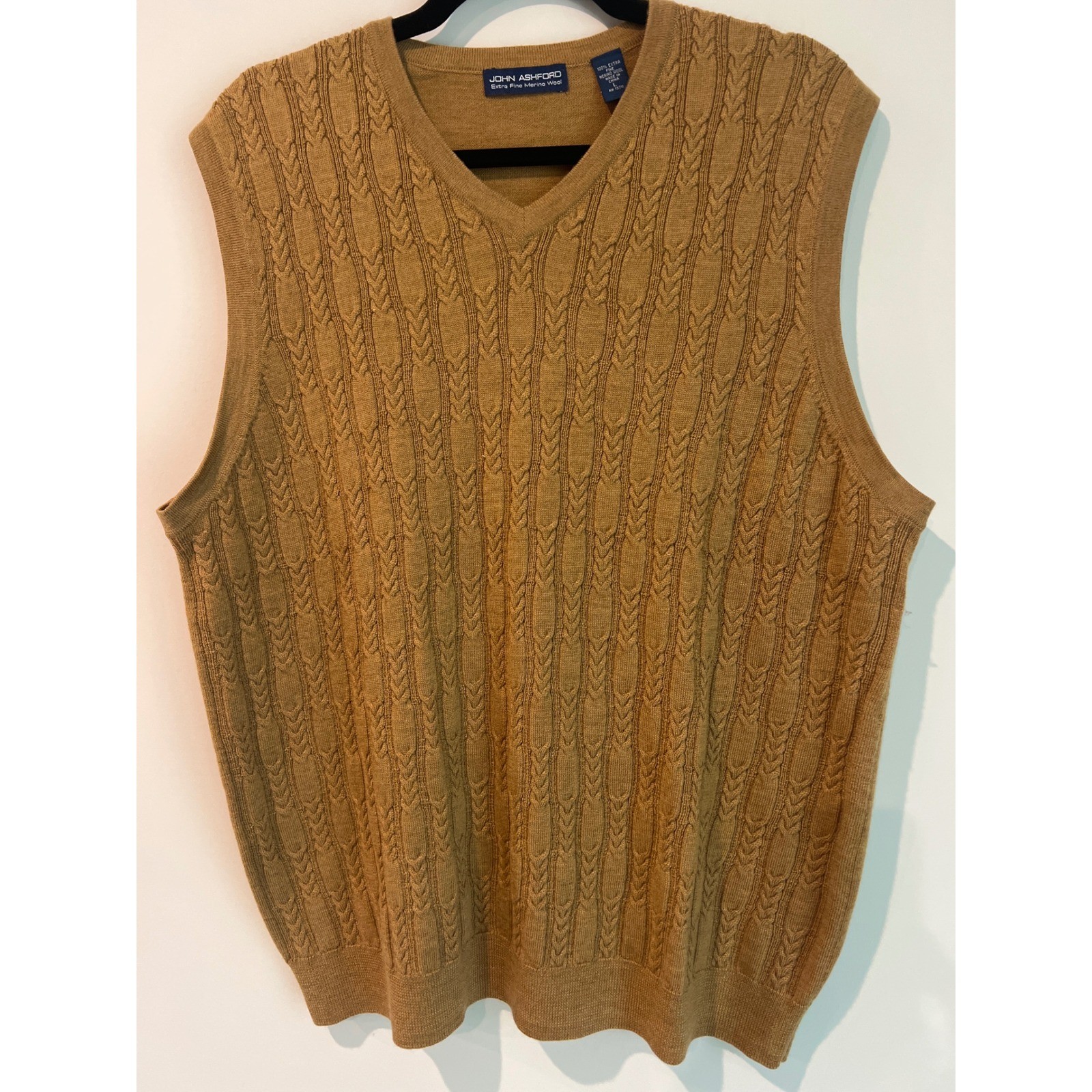 John Ashford Mens Camel Cable Knit V Neck Merino Wool Sweater Vest Large