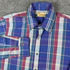 Vintage 70s Sierra Ridge Shirt Mens 2XL Blue Madras Plaid USA Made Preppy