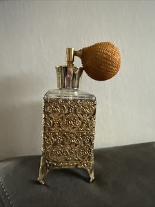 Vintage Gold Gilt Metal Glass Ormolu Atomizer Perfume Bottle 1960s