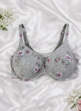 Cacique T Shirt Bra 42F Gray Floral Jersey Knit Smooth Underwire Full Coverage