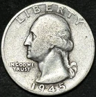 1945-D WASHINGTON SILVER QUARTER - EAGLE BACK - DETAILED OLD COIN
