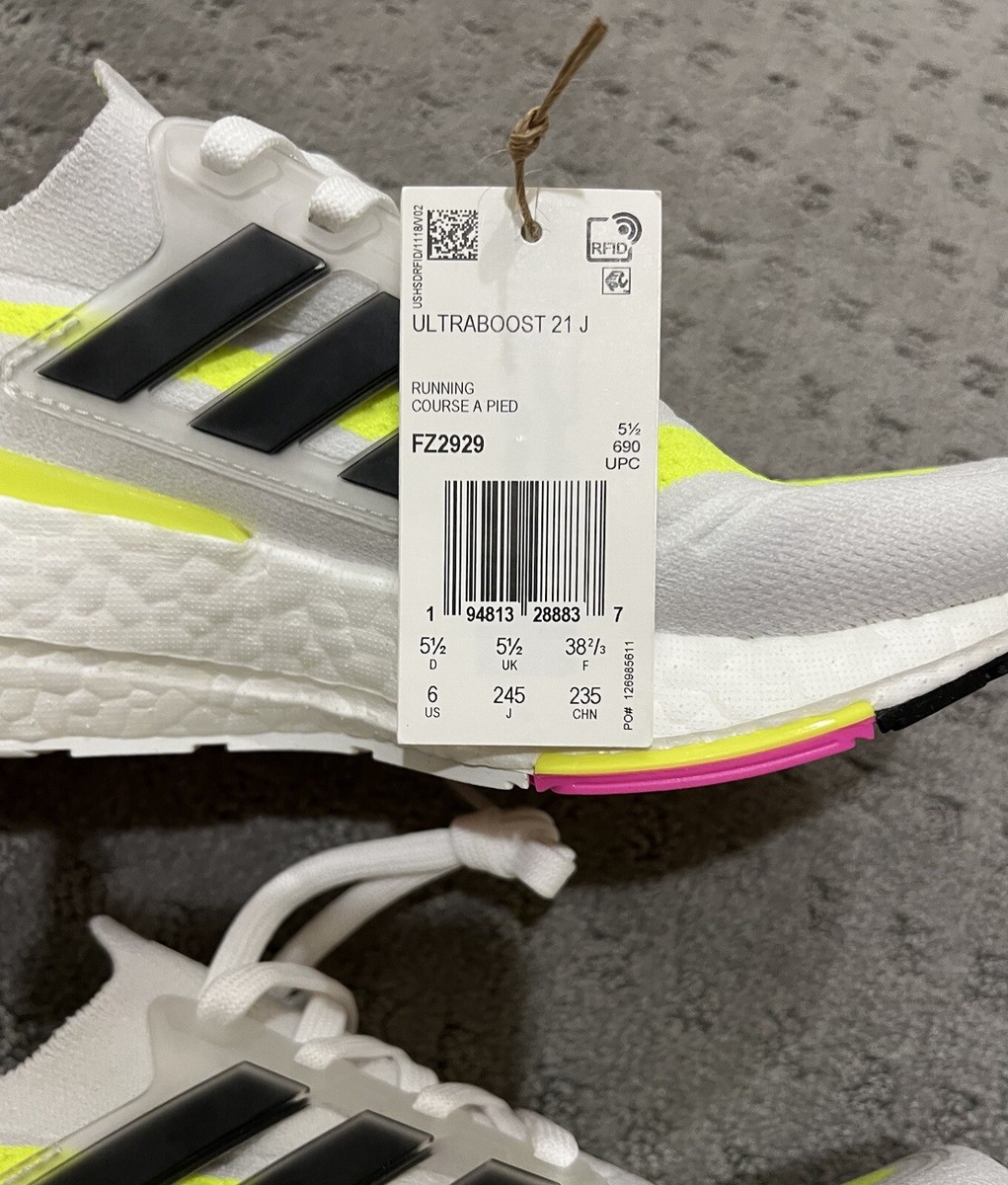 NEW Adidas UltraBoost 21 J White Solar Yellow Running Shoes