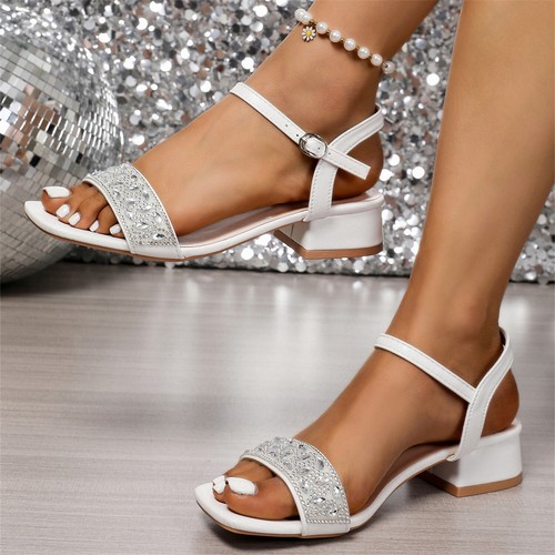 Women's Rhinestones One Band Block Heels Sandals Ankle Strap Buckle Summer Dress - Picture 10 of 13
