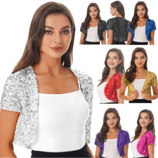 Women's Sequin Open Front Bolero Shrug Cardigan Sparkly Crop Top Bomber Jacket