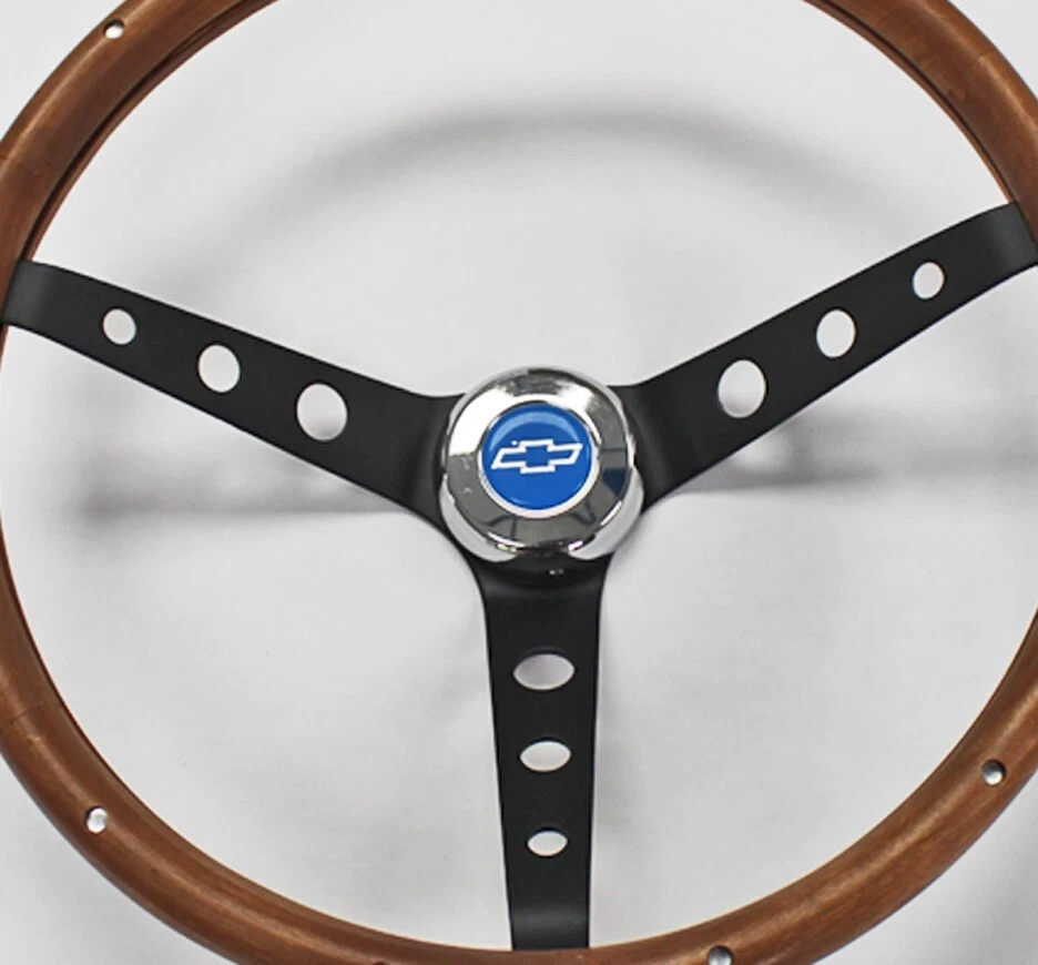 1967 1968 Nova Chevy II Impala Wood Steering Wheel Black Spokes blue bowtie 15" - Image 2 of 4