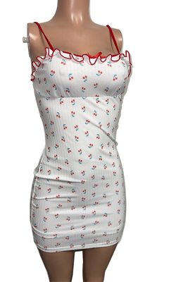 White Cherry Cherries Print Coquette Mini Dress S Fairycore Pin Up Retro  New | eBay