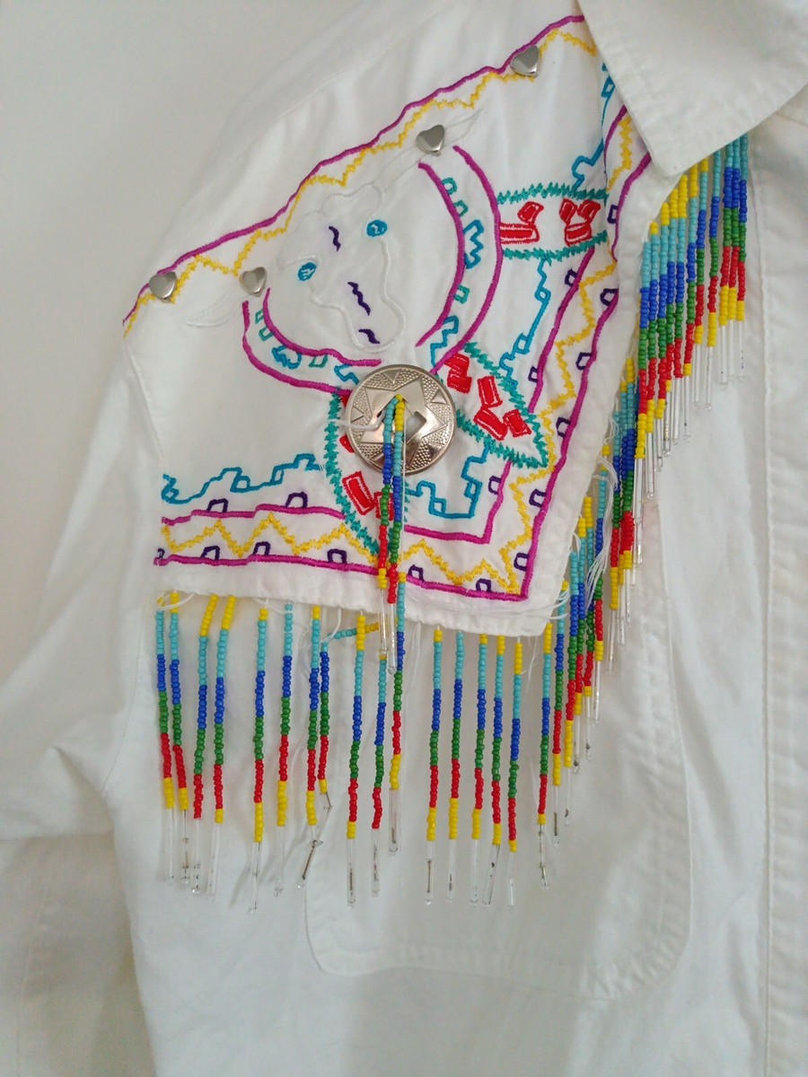 Vintage Multi-color Beaded Fringe On White LS Western