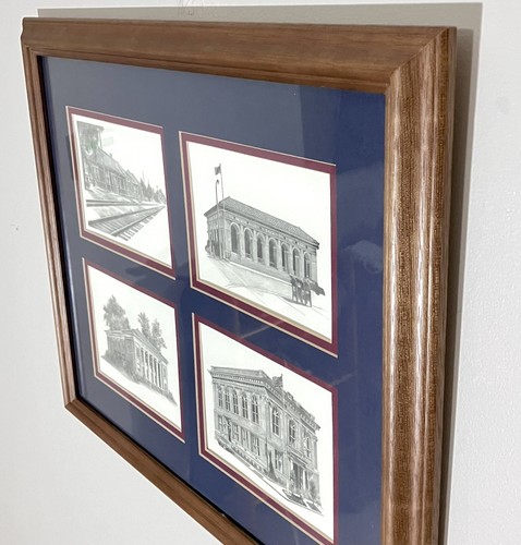 19”x16” Vintage Pencil Sketch Artwork Municipal Architecture Framed 4-panel - Picture 3 of 8