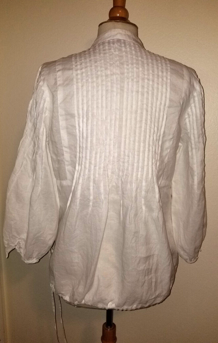 Charlotte Kellogg $250 Pintucked Linen Bell Sleeve Blouse, Top, Shirt, M
