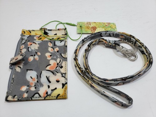 Zip ID Card Case Floral Lanyard Wallet Fabric Badge Holders for Women Gray - Picture 4 of 4