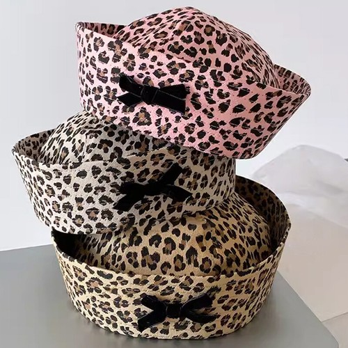 Japanese Style Bow Leopard Print Sailor Hat Retro Hottie Beret Cap Sweet Girl - Picture 2 of 20