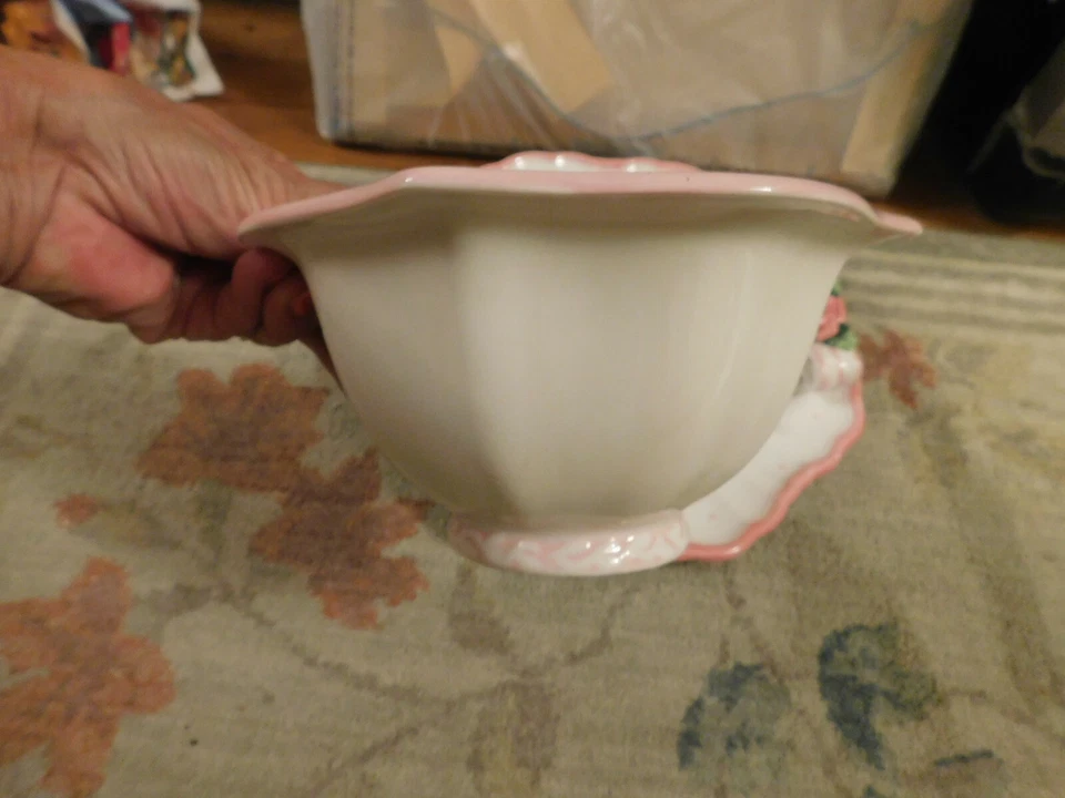 Lot Bella Casa Ganz Ceramic White Pink Rose Bow Flower Plate & Mary Hughes Bowl - Image 3 of 4