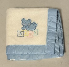 Vtg Cuddle Time Baby Blanket Bear Building Blocks Applique White Aqua Soft Trim