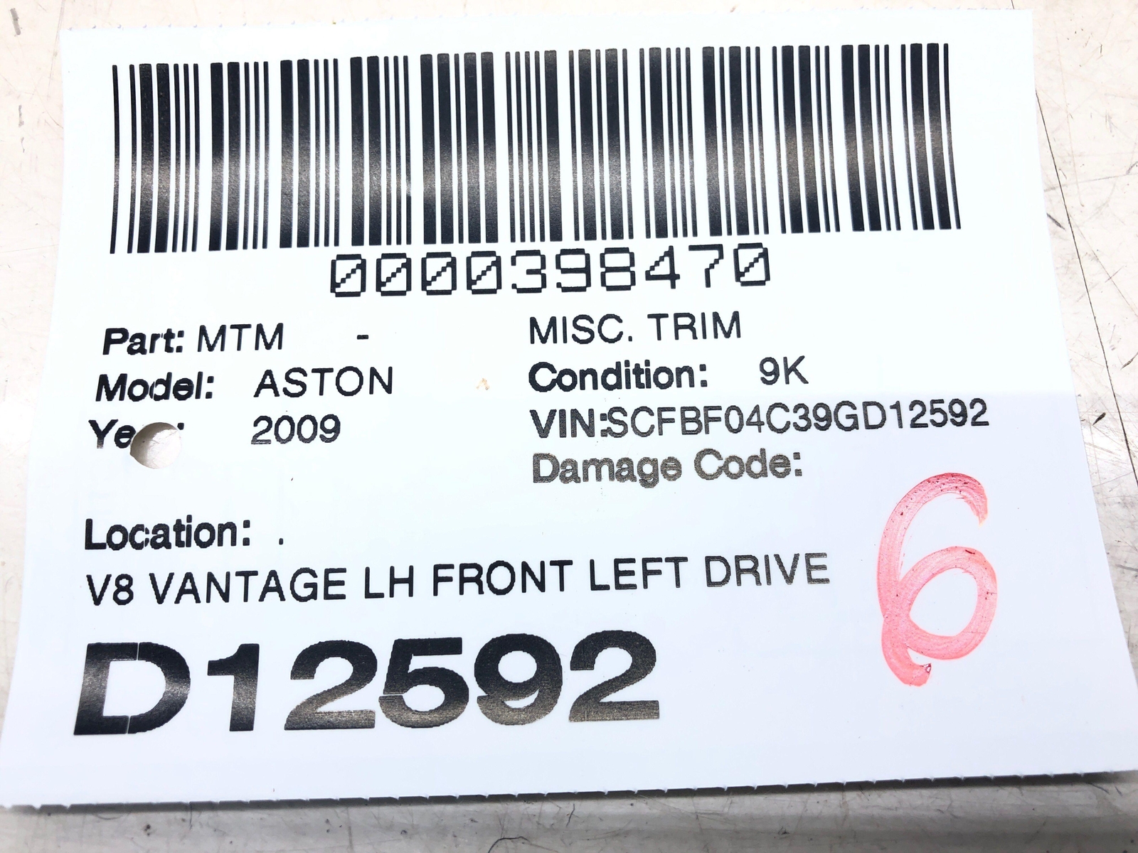 2009 ASTON MARTIN VANTAGE LEFT LOWER A PILLAR TRIM PANEL 6G33-02348 OEM * NOTES
